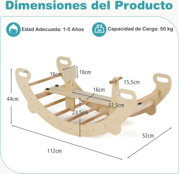 Cavalo de baloiço crianças escalador de madeira com arco de escalada, baloiço e túnel para gatinhar com assento para 1 a 5 anos 112 x 52 x 44 cm Natur
