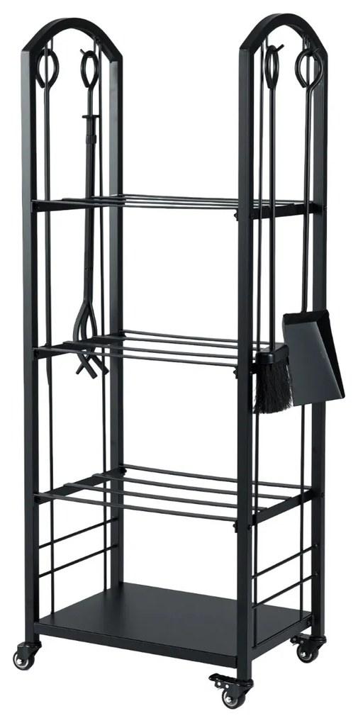 Estante para lenha 47 x 33 x 122 cm de 4 níveis com rodas e conjunto de 5 ferramentas. Inclui tenaz, atiçador, vassoura e pá para interior e exterior.