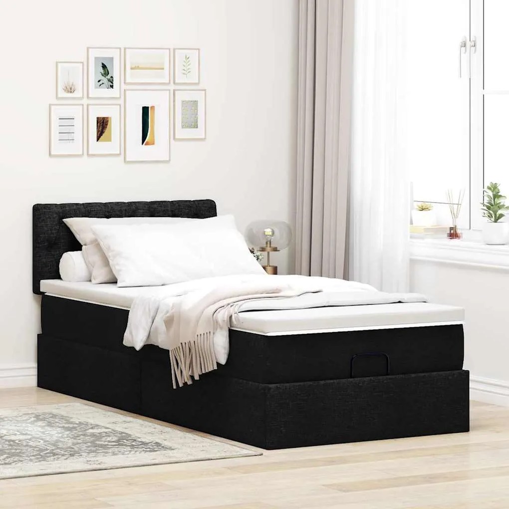 Cama otomana com colchão 90x200 cm tecido preto