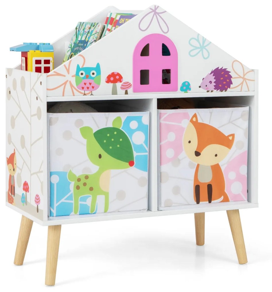 Estante para crianças Organizador de madeira Prateleiras para arrumação de brinquedos com 2 recipientes de arrumação e pernas elevadas Branco