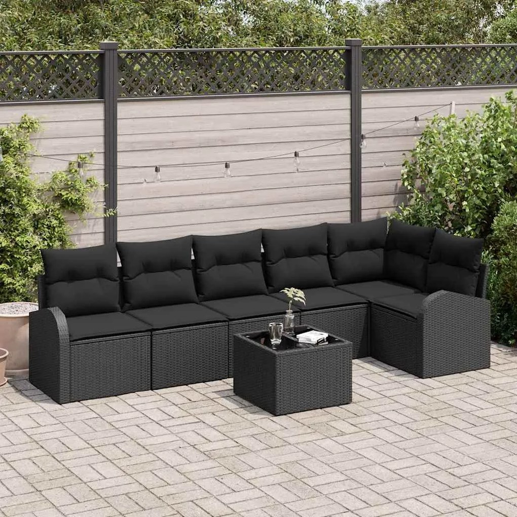 vidaXL Conjunto de Sofá de Jardim com almofada 7 pcs Preto vime PE