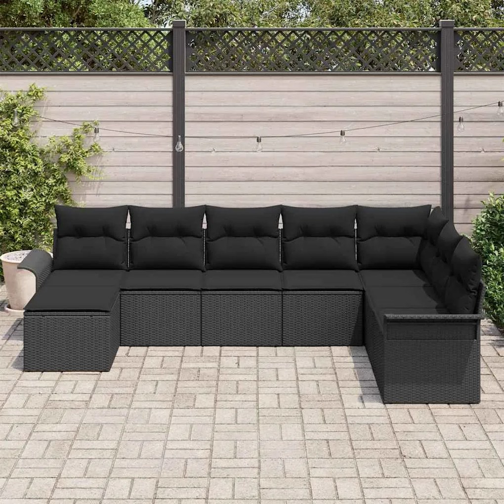 Conjunto de Sofá de Jardim 8 Peças com Almofadas de Rattan Poly Preto