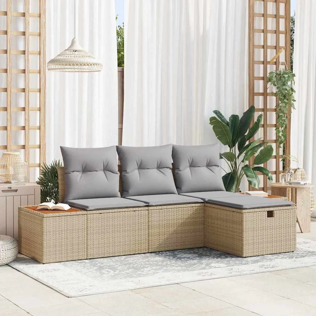 Conjunto de Sofá de Jardim vidaXL 4 Peças com Almofadas Bege de Rattan