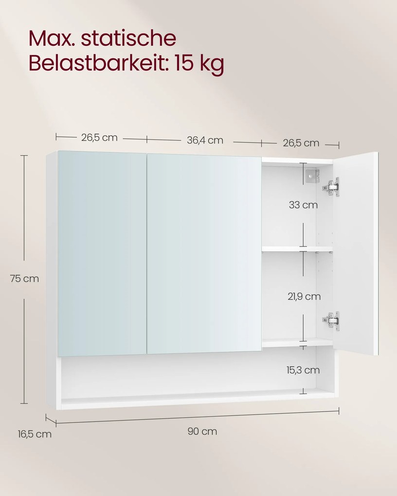 Armário de casa de banho parede com 3 portas 16,5 x 90 x 75 cm branco