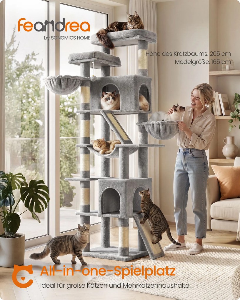 Arrranhador para gatos Grande 55 x 45 x 206 cm com placas para arranhar e sisal, 55 x 45 x 206 cm cinzento claro