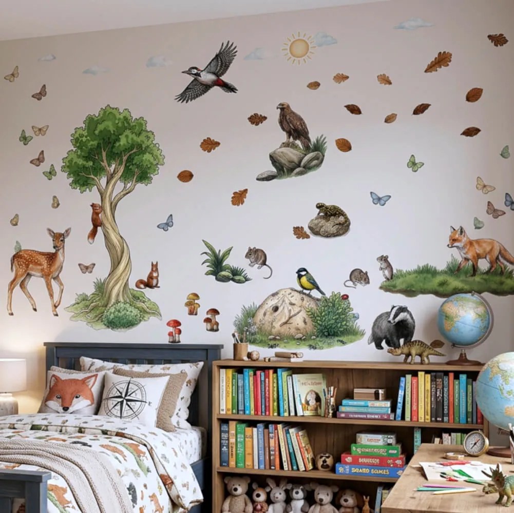 Autocolante de aquarela para a parede do quarto das crianças - Floresta com animais