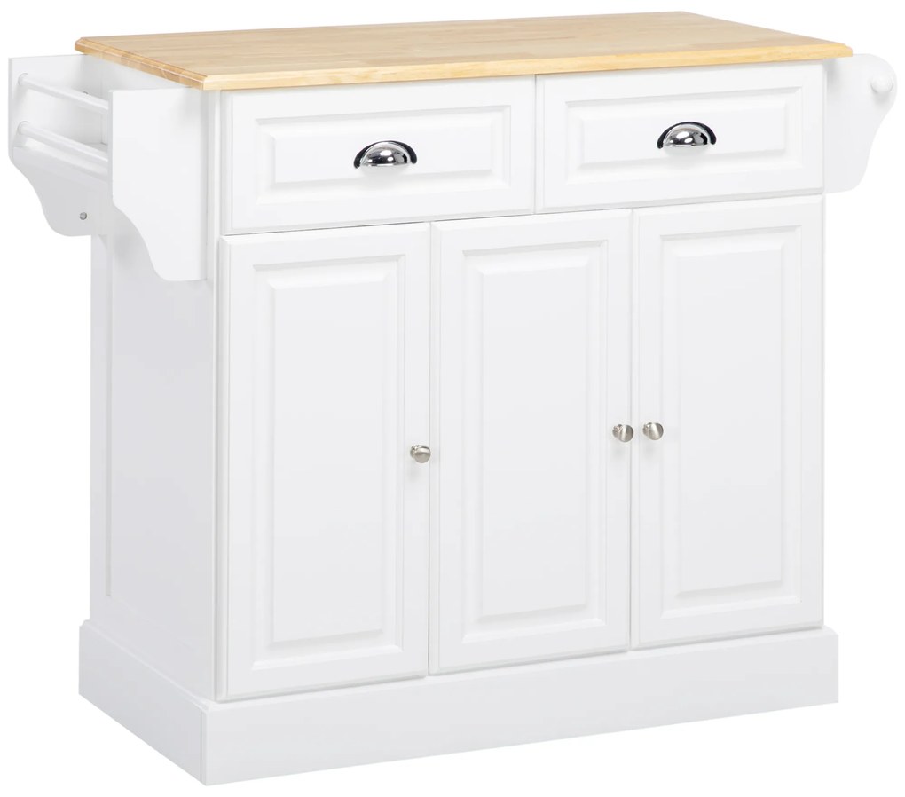 HOMCOM Ilha de Cozinha com Rodas 2 Gavetas 3 Armários Suporte para Panos e para Temperos para Sala de Jantar 110x45x89cm Branco | Aosom Portugal