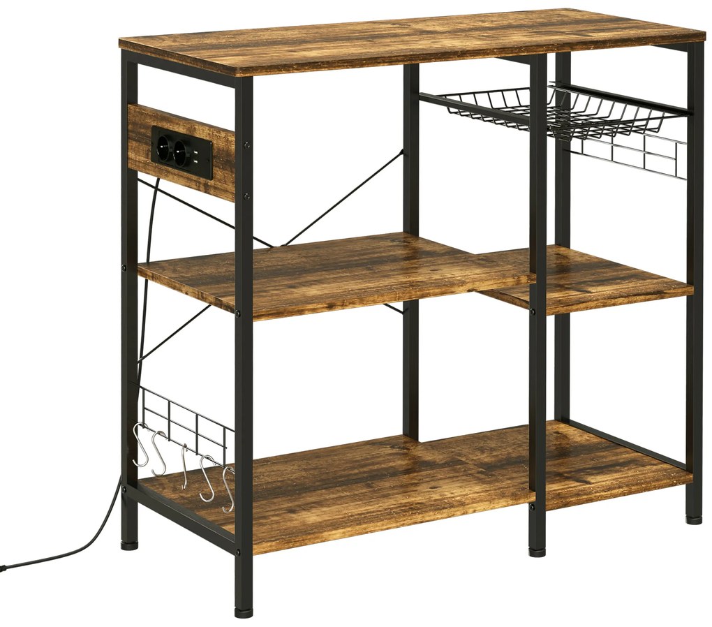 HOMCOM Estante de Cozinha Estilo Industrial com Tomada Elétrica Prateleiras Ajustáveis Ganchos e Cesta Metálica 90x40x83 cm Marrom Rústico