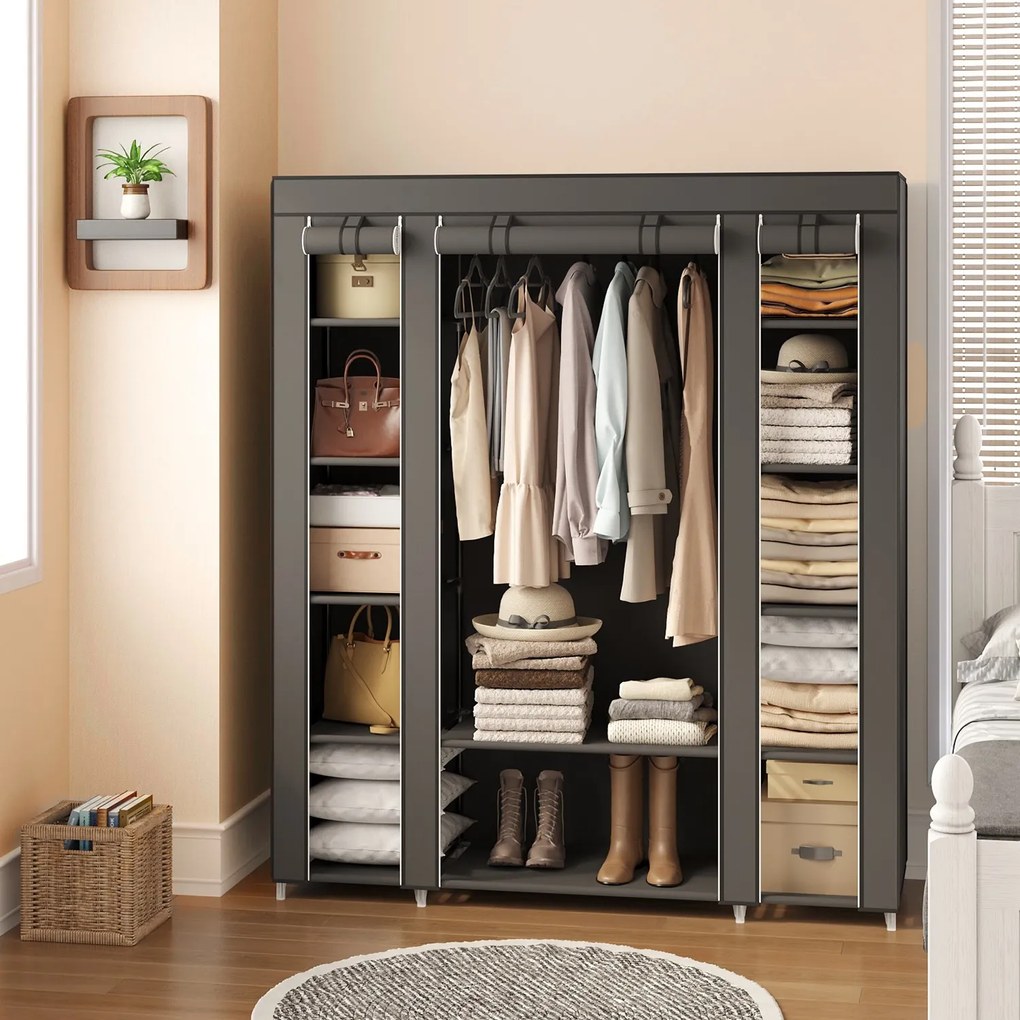 Guarda Roupa de tecido, com capa de lã, com varão para roupa 45 x 150 x 175 cm cinzento
