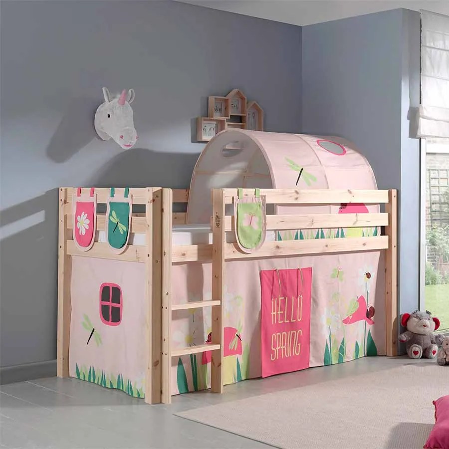 Conjunto Cama alta de Criança PINO 90 x 200 cm + estrado + escada + cortina + 3 bolsas + túnel Primavera Natural