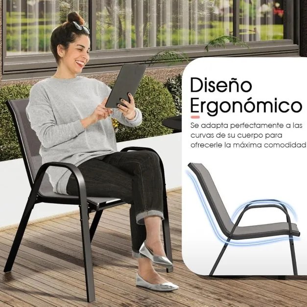 Conjunto de 4 cadeiras de jardim empilháveis (MESA NÃO INCLUIDA) com apoios de braços, encostos em metal e tecido, 56 x 70 x 84 cm Cinzento