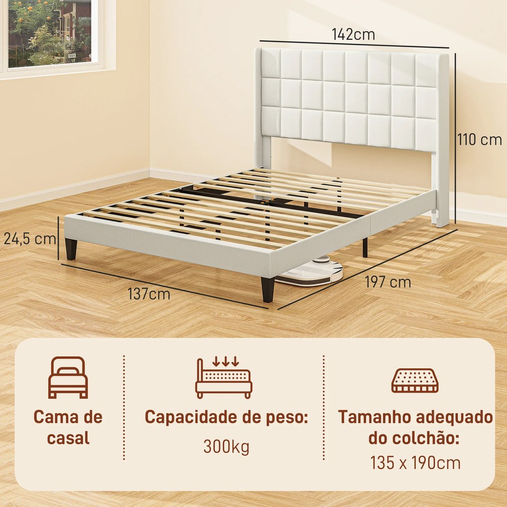Estrutura de Cama 135x190 cm com Cabeceira Estofada em Linho e Espaço de Armazenamento Debaixo da Cama Bege