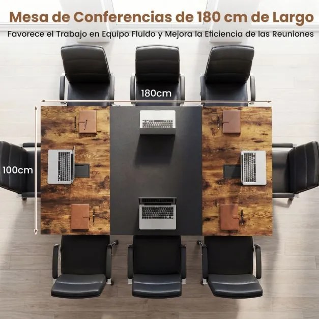 Mesa de reuniões grande 180 x 100 x 76,5 cm para 6-8 pessoas com 2 passadores de cabos e design industrial para escritório e sala de reuniões Castanho