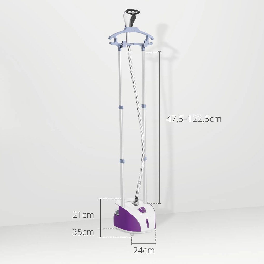 Ferro de Engomar Vertical Depósito 2L 1950W e Temperatura Ajustável em 11 Níveis 24x35x47,5-122,5 cm Roxo e Branco