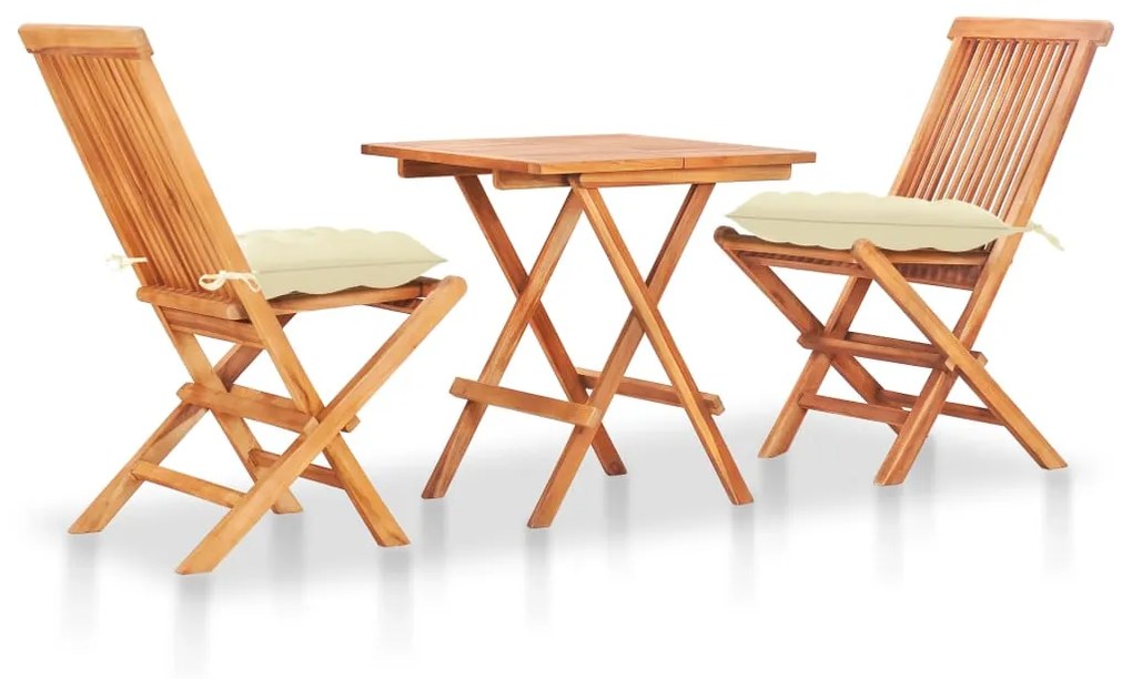 vidaXL Conjunto bistrô c/ almofadões cor creme 3 pcs teca maciça