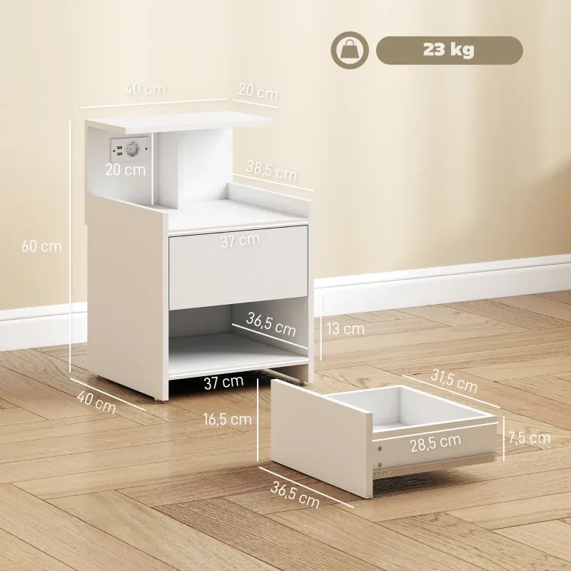 Mesa de Cabeceira 40x40x60 cm com Estação de Carregamento e Portas USB Gaveta e Prateleiras Abertas Branco