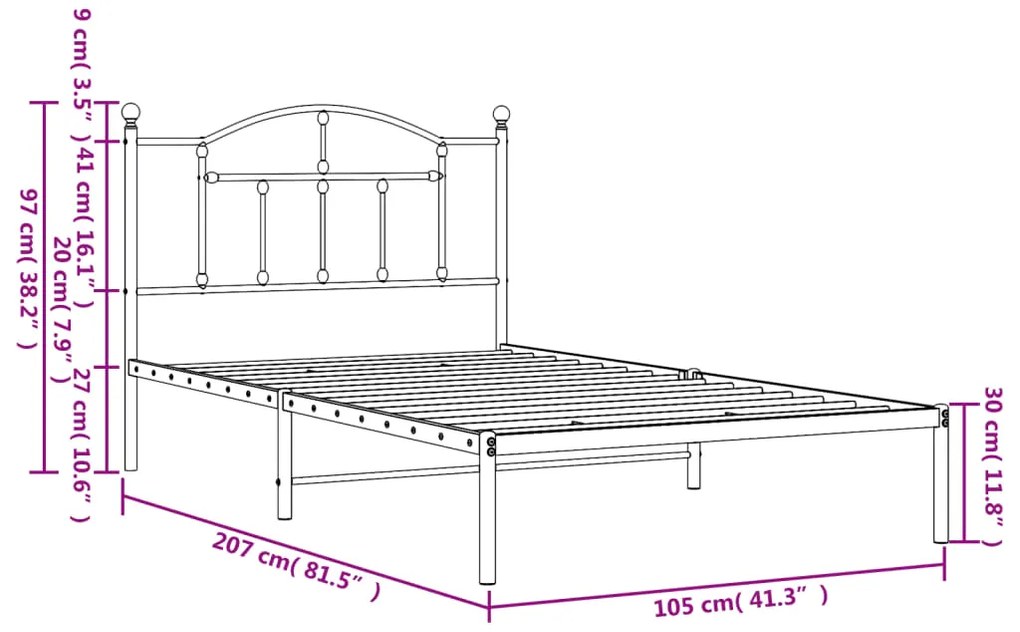 Estrutura de cama com cabeceira 100x200 cm metal preto