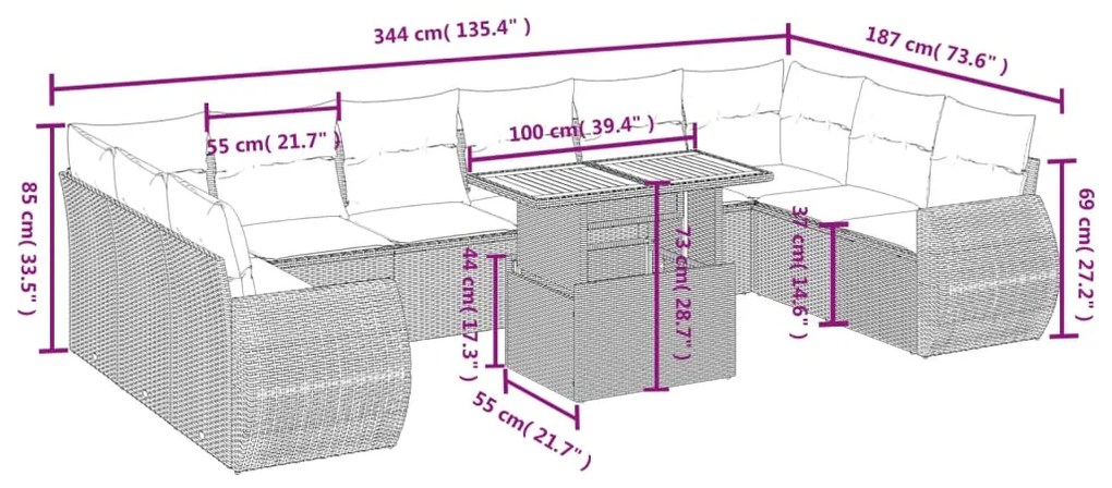 11 pcs conjunto sofás de jardim c/ almofadões vime PE cinzento
