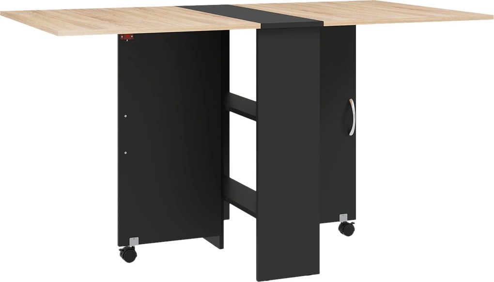 Mesa de Cozinha Dobrável (CADEIRAS NÃO INCLUIDAS) Mesa de Madeira com 2 Prateleiras de Armazenamento e Rodas 75x140x74 cm Preto e Madeira