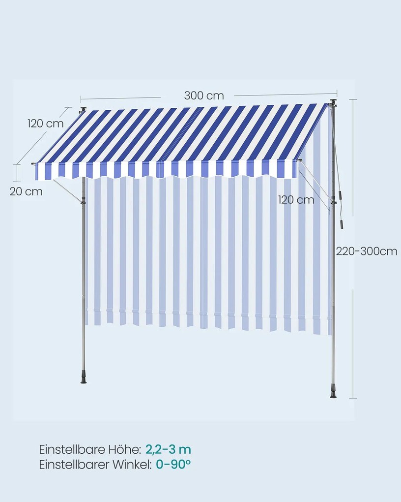Toldo varanda 300 x 120 cm com manivela para proteção solar, azul e branco