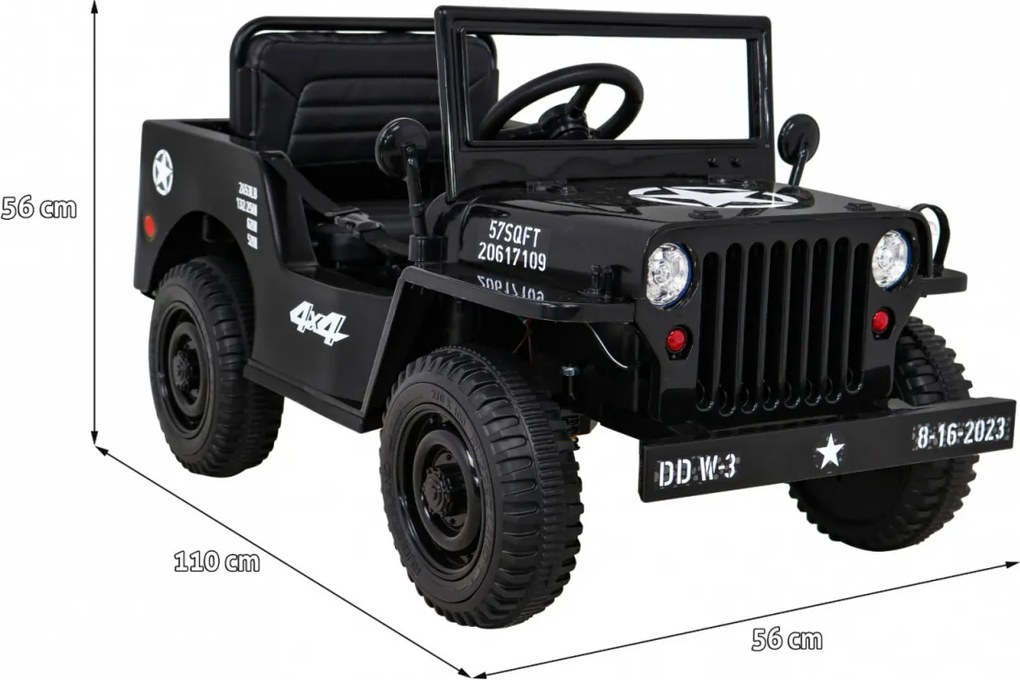 Jipe elétrico para Crianças Retro Military 12V 4x4, Rodas de EVA Preto