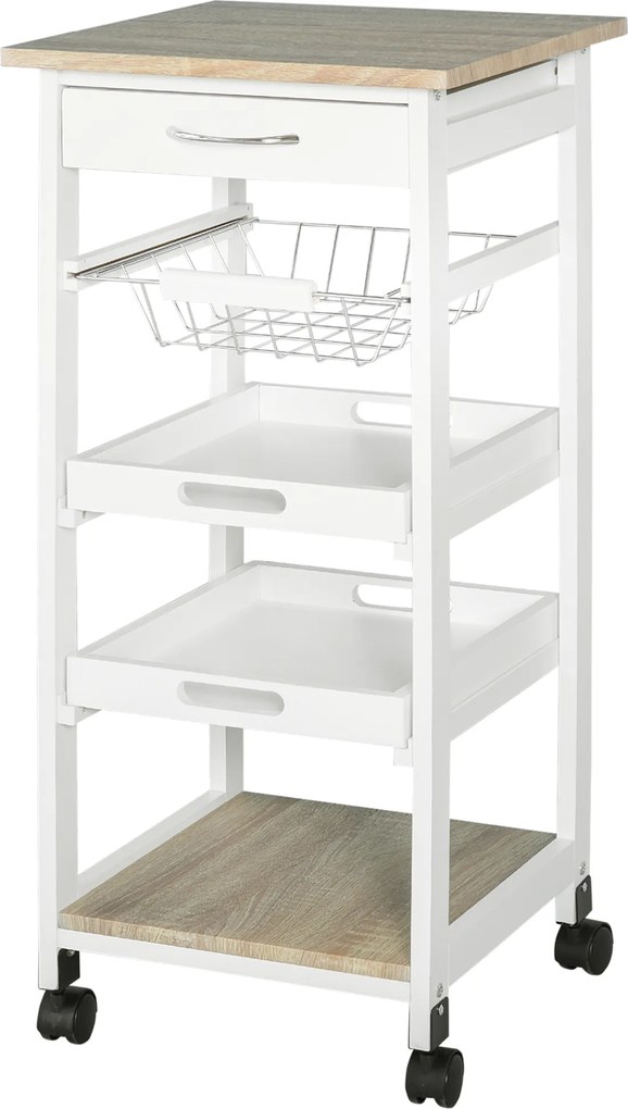 Carrinho de serviço de cozinha com rodas, cesto + 2 tabuleiros removíveis, gaveta, prateleira em MDF carvalho claro e pinho branco
