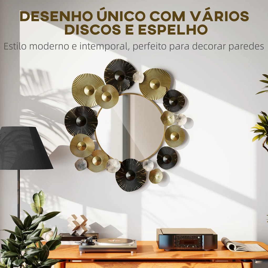 Espelho Decorativo de Parede Metálico para Sala Quarto Corredor 84x84 cm Dourado e Preto