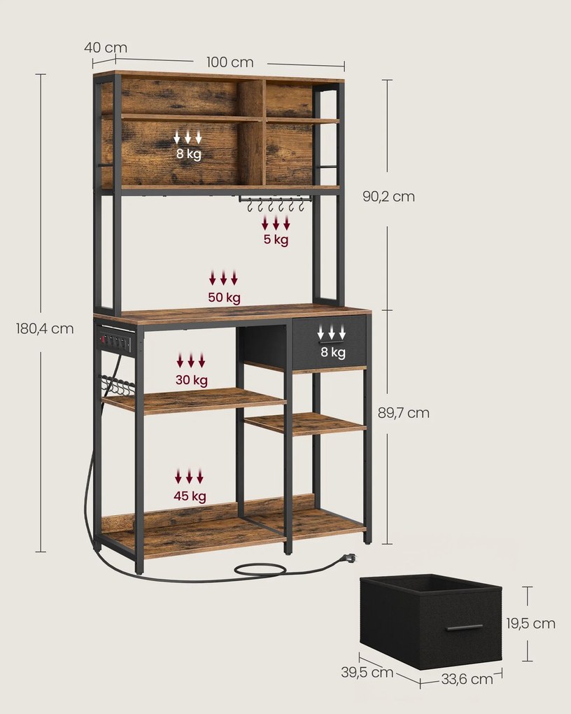 Armário de cozinha com tomadas e gaveta em tecido 40 x 100 x 180,4 cm Preto e castanho-rustico