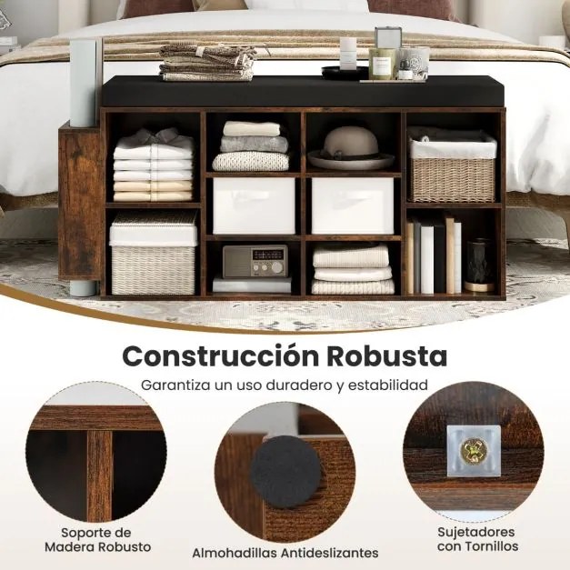 Banco sapateira 30 x 110 x 52,5 cm com suporte para guarda-chuvas, 10 compartimentos, assento acolchoado e prateleiras ajustáveis, Café