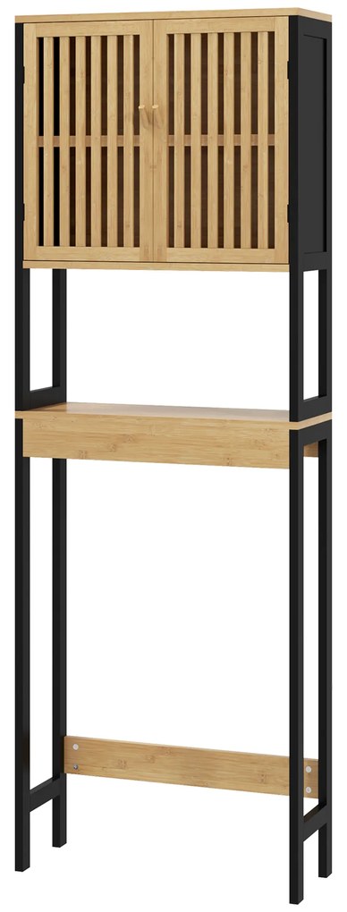 HOMCOM Prateleira de Banheiro Armário de Banheiro Sob O Vaso Sanitário com Armário de 2 Portas e Prateleira Aberta Bambu | Aosom Portugal