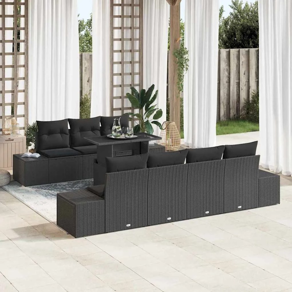 vidaXL Conjunto de Sofá de Jardim de 8 Peças com Almofadas em Rattan Preto