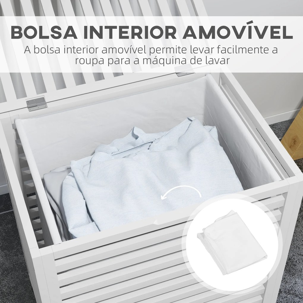 Cesto de Roupa Suja de Bambu Capacidade 55L com Bolsa Amovível Forma Retangular 50x36x60 cm Branco