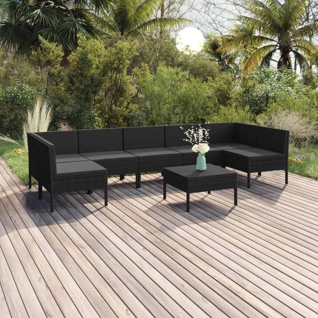 vidaXL 8 pcs conjunto lounge de jardim c/ almofadões vime PE preto