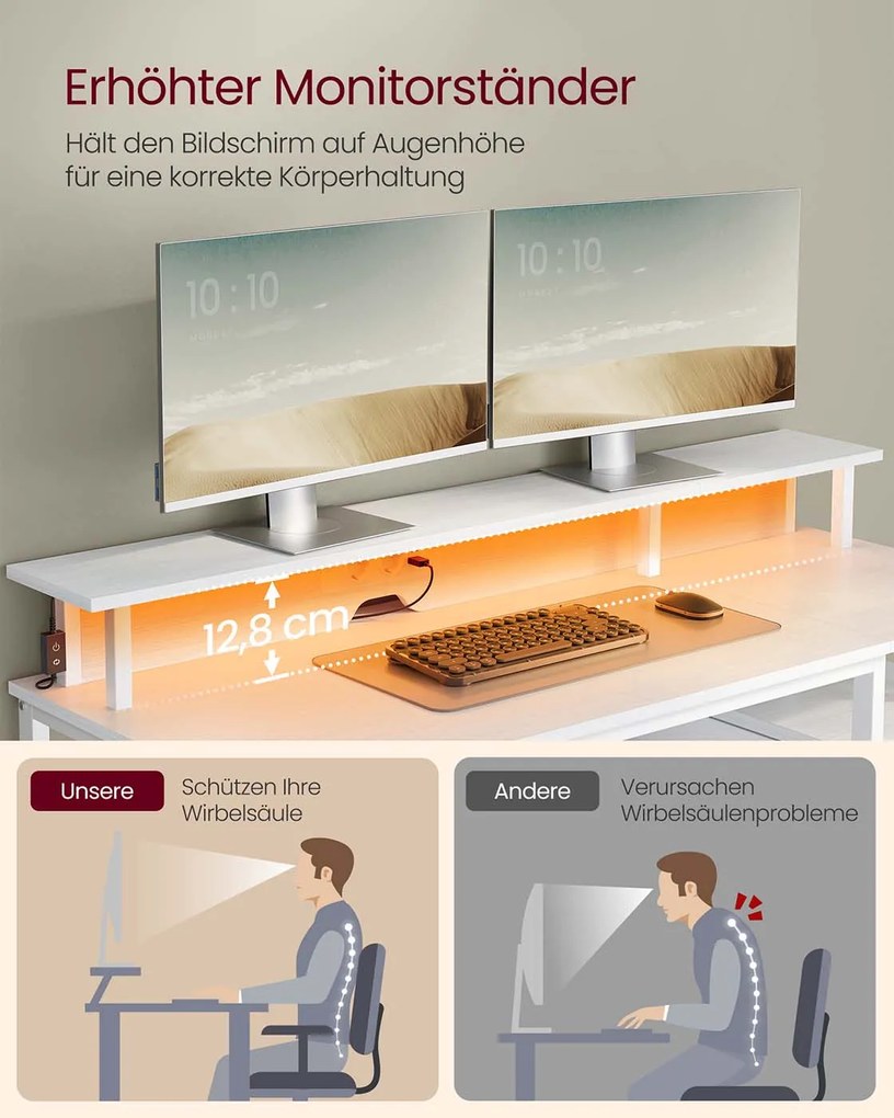 Secretária 55 x 135 x 90 cm com gavetas em tecido e iluminação LED em branco