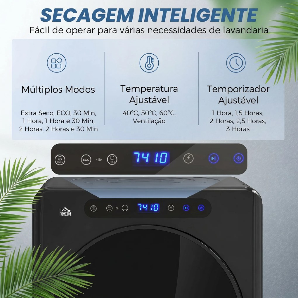 Máquina de Secar Roupa 3 KG 1000W Função Anti-Rugas Esterilizar Temporizador Ecrã LED Tátil Preto