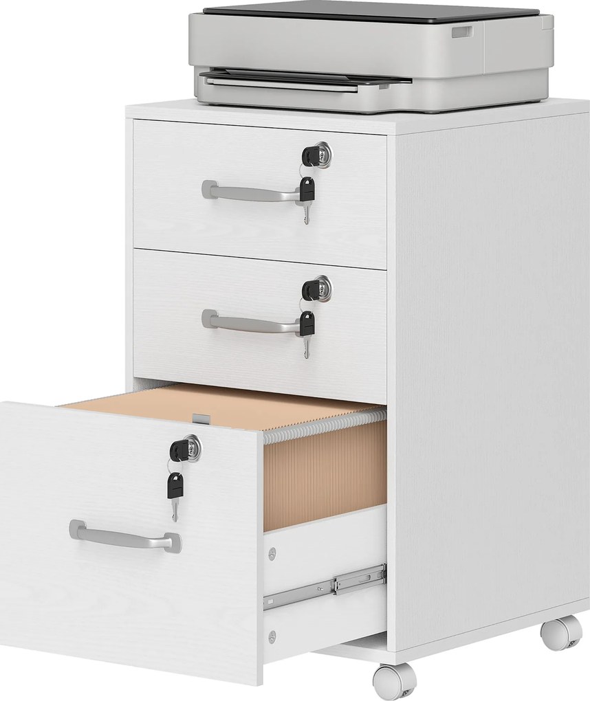 Bloco gavetas de Secretária com Rodas, 40 x 40 x 69,5 cm, 3 Gavetas com Fechadura, Branco