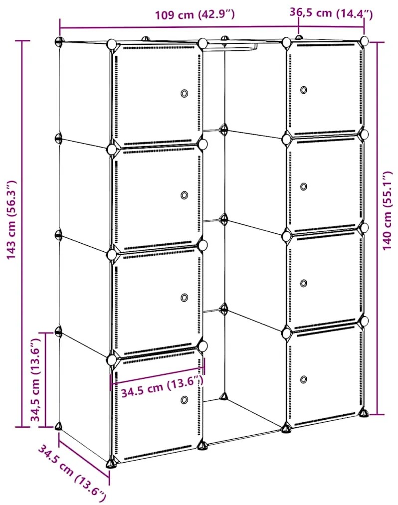 Armário plástico modular 9 gavetas 109x36,5x143 cm branco