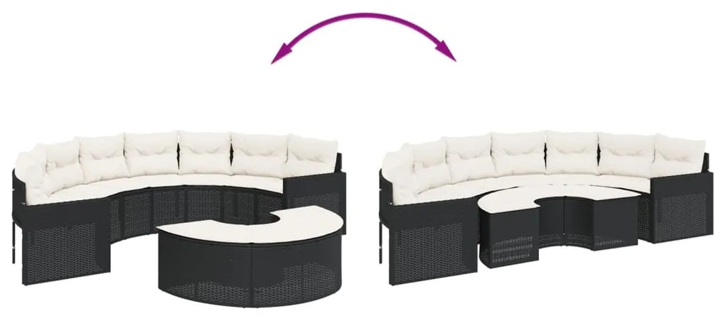 2 pcs conjunto de sofás de jardim semicircular vime PE preto