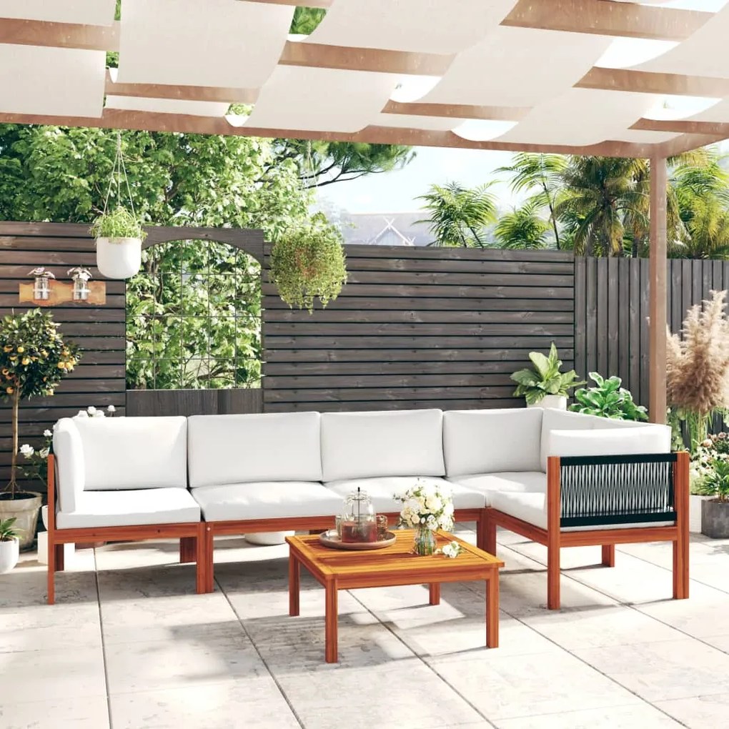 vidaXL 6 pcs conjunto lounge jardim c/ almofadões acácia maciça creme