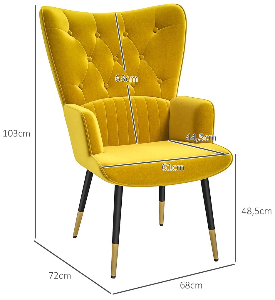 Poltrona Individual Estofada em Veludo com Encosto Alto Apoio para os Braços e Pés de Aço Estilo Moderno 68x72x103 cm Amarelo