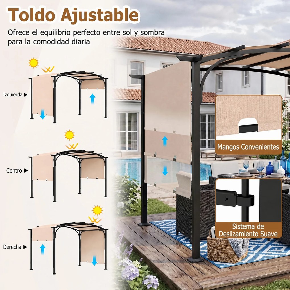 Pérgola Retrátil de Exterior, 305 x 242 x 233 cm, Cobertura Arqueada, Cáqui