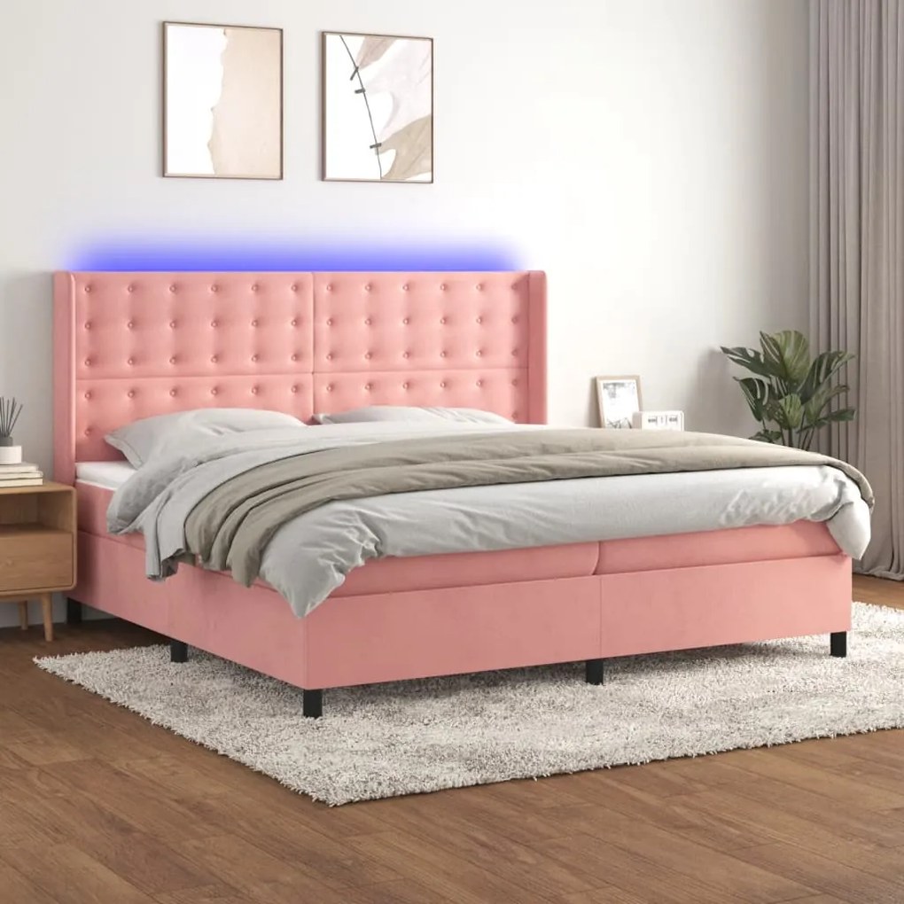 Cama box spring c/ colchão/LED 200x200 cm veludo rosa