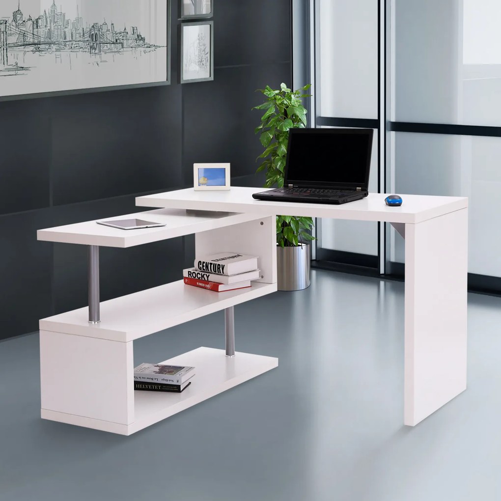 Secretária de escritório com estante adjacente, design contemporâneo, em  branco