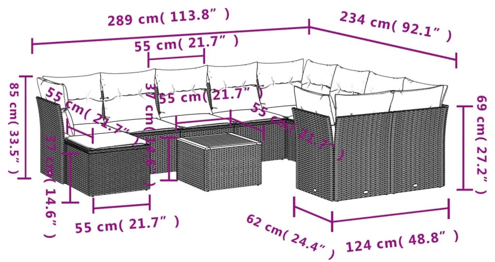 11 pcs conjunto sofás de jardim c/ almofadões vime PE preto
