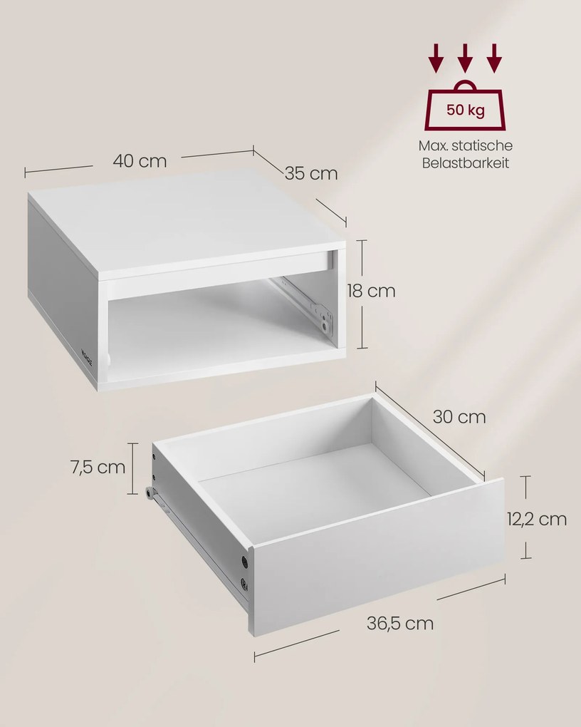 Conjunto de 2 mesas de cabeceira suspensas com luzes LED 35 x 40 x 18 cm branco nuvem