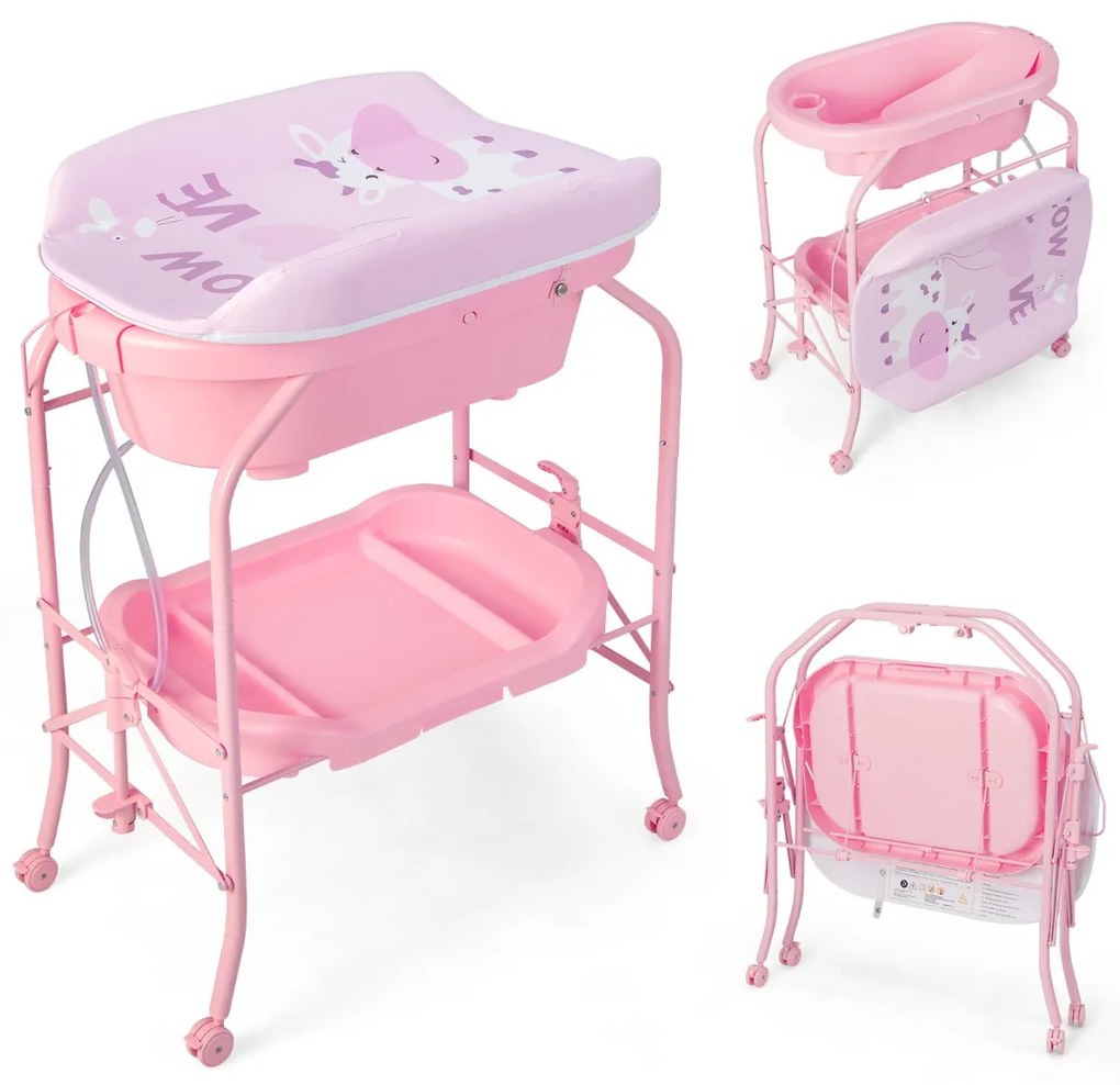 Troca-fraldas com banheira, portátil e dobrável, almofada em PVC, bandeja de armazenamento com 4 rodas universais Rosa