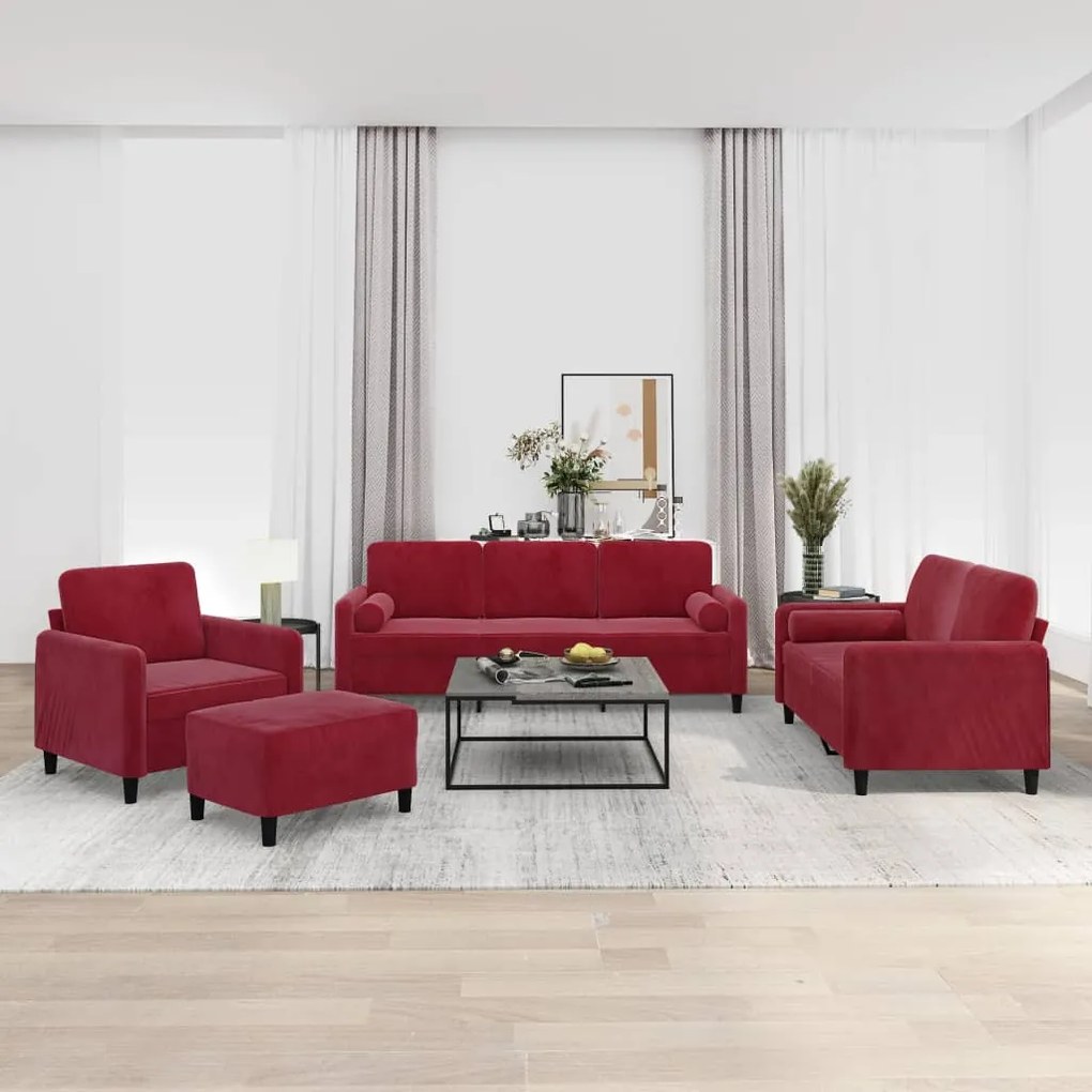 vidaXL 4 pcs conj. sofás c/ almofadas/almofadões veludo vermelho tinto