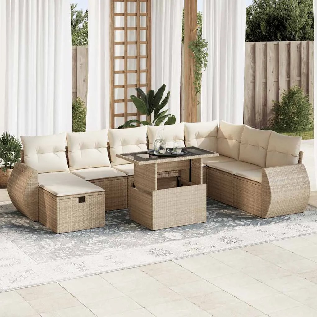 vidaXL 9 pcs conjunto de sofás p/ jardim com almofadões vime PE bege