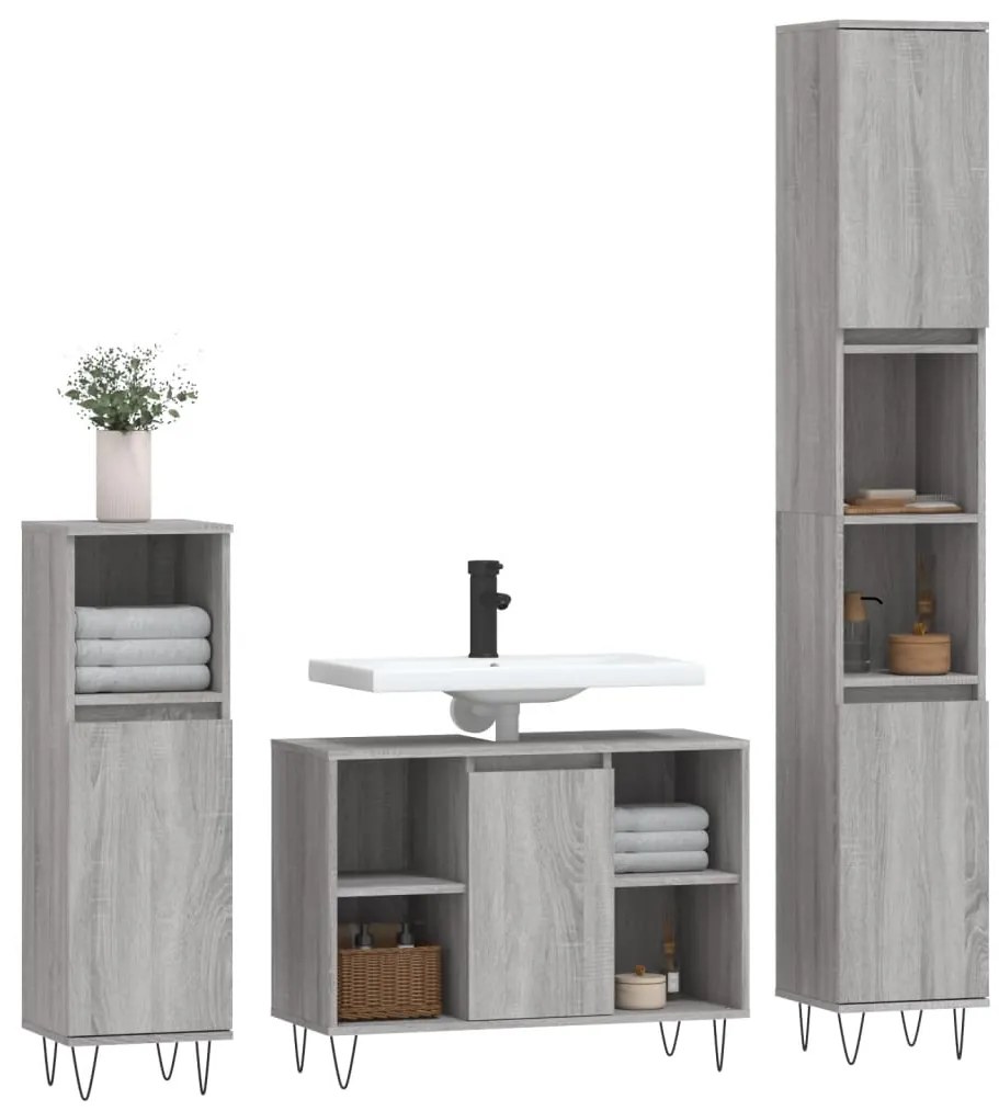 3 pcs Conjunto móveis casa de banho madeira proc. cinza sonoma