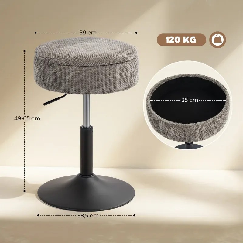 Banco de Bar com Armazenamento Altura Ajustável Giratório Estofado em Chenilla 39x39x49-65 cm Cinzento